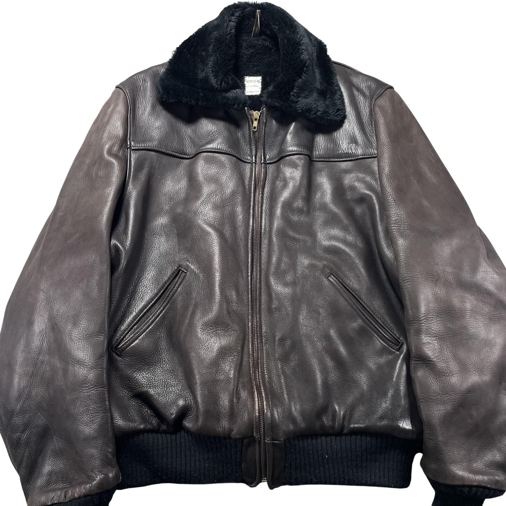 Vintage Uber Jacket Mens XL Brown Leather Bomber Zip Faux Fur Collar Lined